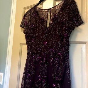 Adrianna Papell Floral Beaded Godet Gown with sheer short sleeves in Night Plum